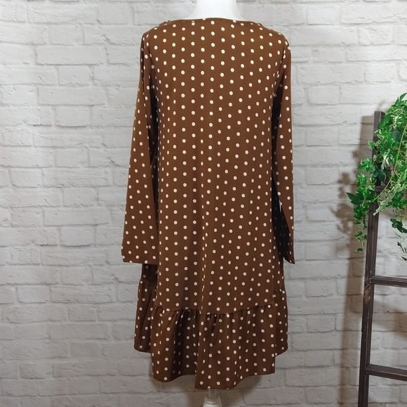OYE Cute Brown Polkadot Casual Retro Boho Loose Fit Swing Long Sleeve Dress NWT - Picture 10 of 10